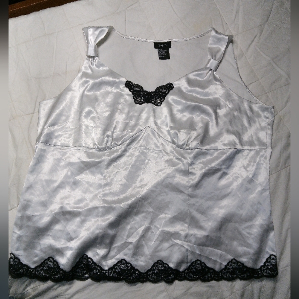 Elegant White Satin Blouse with Black Lace Trim
